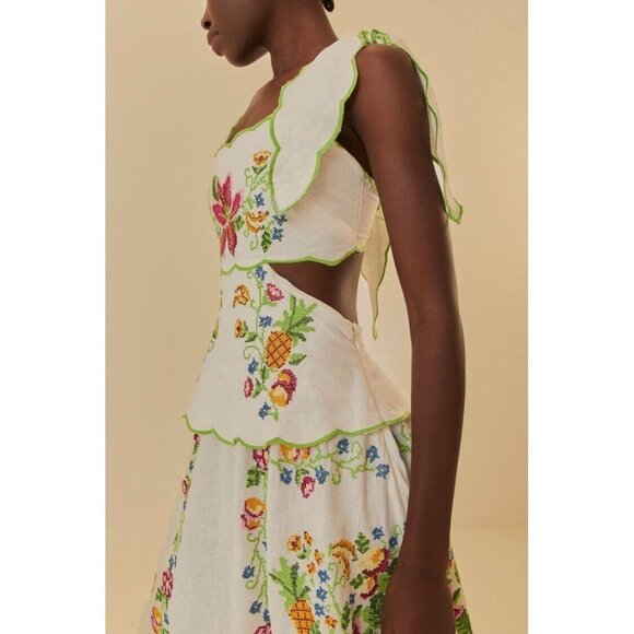 Farm Rio Maxi Dress XL Tropical Romance Needlepoint Cut-Out Linen White Floral - Picture 3 of 16